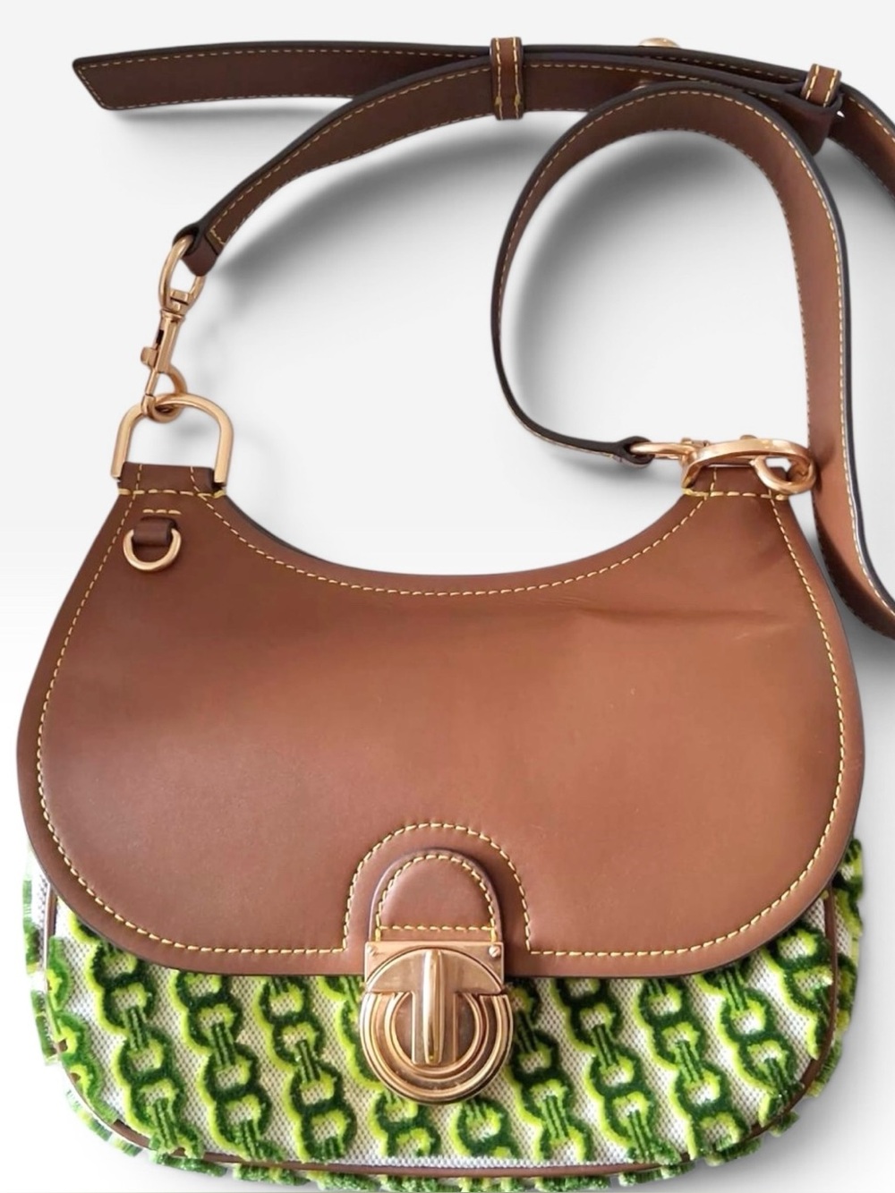 TORY BURCH JAMES FIL COUPE SADDLE SHOULDER/CROSSBODY BAG GREEN FLOCKED